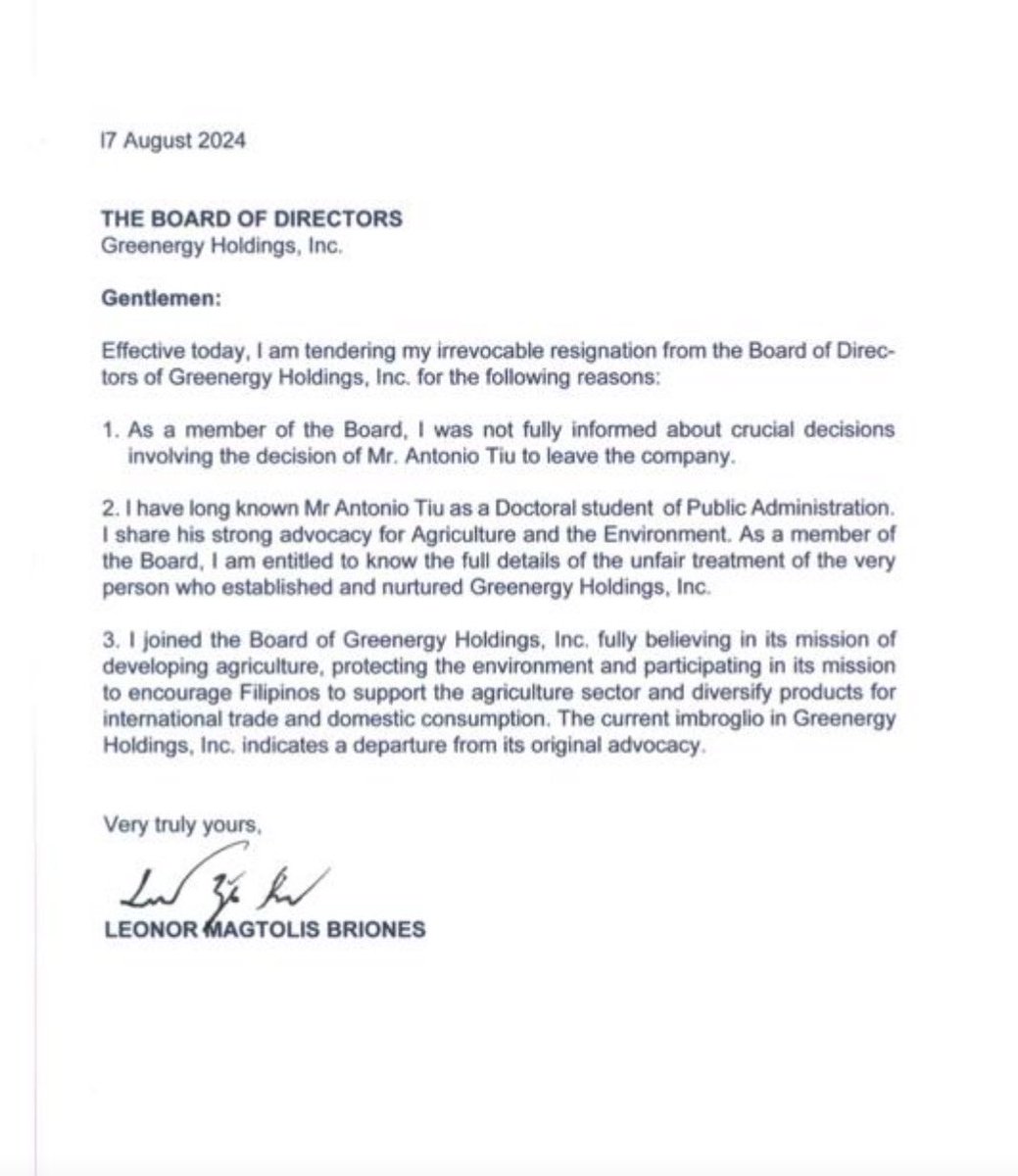 Former Education Secretary Leonor Briones has resigned from Greenergy Holdings Inc