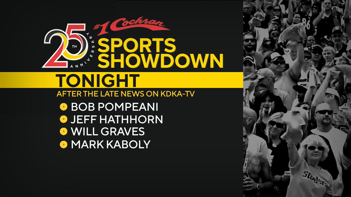 KDKA-TV Sports (@kdkasports) on Twitter photo Jam-packed show tonight on <a href="/KDKA/">KDKA</a> following the late news.
#Steelers QB situation, injuries, #Pirates woes, and the #Penguins contract situation with Sidney Crosby
Join <a href="/KDPomp/">Bob Pompeani</a> <a href="/jhathhorn/">Jeff Hathhorn</a> <a href="/WillGravesAP/">Will Graves</a> and <a href="/MarkKaboly/">Mark Kaboly</a> for the <a href="/number1cochran/">#1 Cochran</a> Sports Showdown! Jam-packed show tonight on <a href="/KDKA/">KDKA</a> following the late news.
#Steelers QB situation, injuries, #Pirates woes, and the #Penguins contract situation with Sidney Crosby
Join <a href="/KDPomp/">Bob Pompeani</a> <a href="/jhathhorn/">Jeff Hathhorn</a> <a href="/WillGravesAP/">Will Graves</a> and <a href="/MarkKaboly/">Mark Kaboly</a> for the <a href="/number1cochran/">#1 Cochran</a> Sports Showdown!