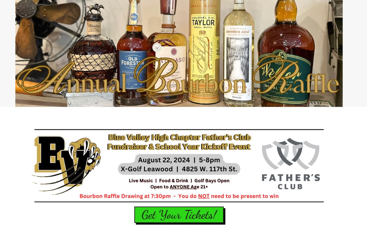 BVHSFathers's tweet photo. Don't miss the Blue Valley Father's Club fundraiser, this Thursday night at 7:30 pm at X-Golf Leawood!

- Live Music 
- Food and Drink  
- Golf bays open!    
Proceeds benefit BVHS activities!

Plus the annual bourbon raffle! 
Enter the raffle now ->>
https://t.co/ZKFvfKsIx8 https://t.co/IxWiSUTCFu