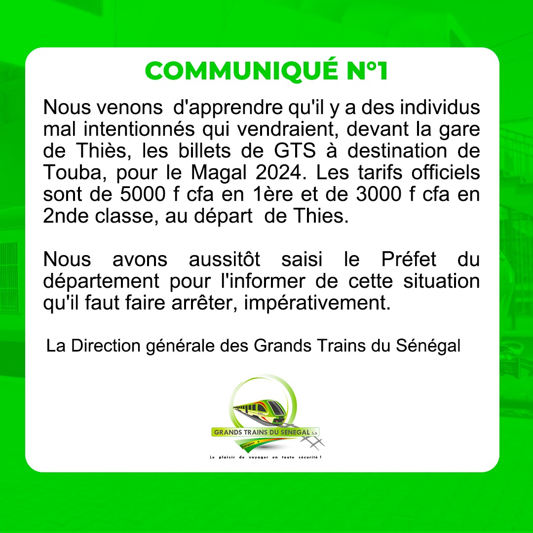 GTS_sn's tweet photo. Communiqué de la Direction générale de GTS, relatif à la vente des billets à destination de Touba.
#MITTA #GTS #CFS #TER #SENTER #SETER #BRT #AGEROUTE #AFTU #DDD #dakar #thies #touba #magaltouba2024 https://t.co/lJ9ZMMwDiI