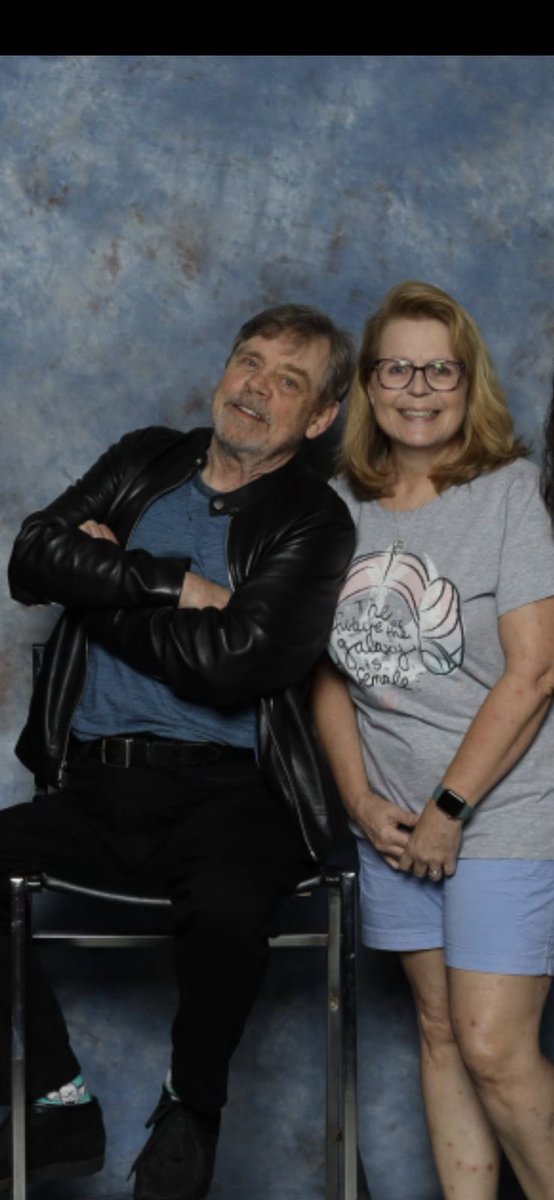 I won the photo op with Mark Hamill &amp; Hayden Christensen. I may have been vocal abt where I needed to stand, &amp; I definitely teared up as I was able to tell him how much this truly meant to me. Thank you to my daughter-in-law for this! And thanks to <a href="/MarkHamill/">Mark Hamill</a> and <a href="/fanexpochicago/">FAN EXPO Chicago</a>