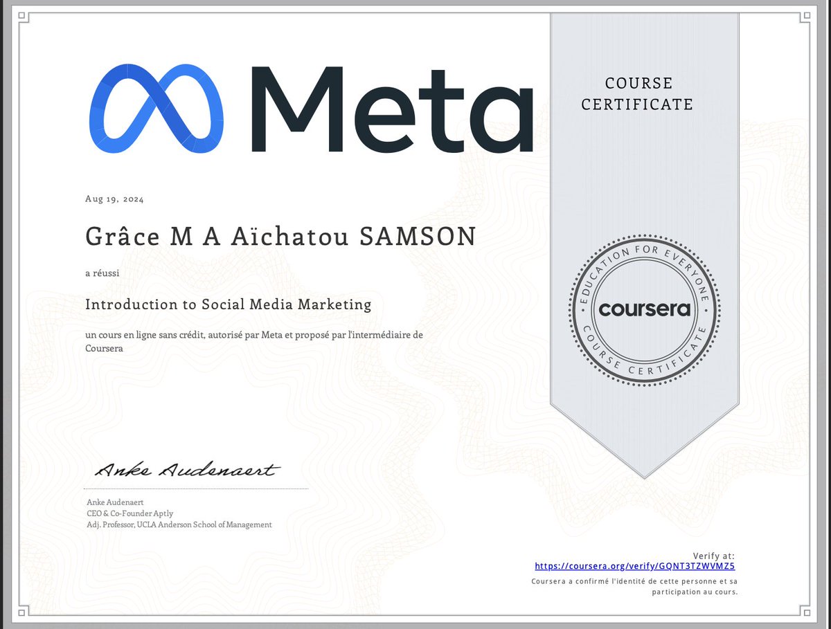 AichatouSamson's tweet photo. Hello ! J'ai terminé Introduction to Social Media Marketing ! Consulter mon certificat https://t.co/AZwxxK2mUU #Coursera @Ingressive4Good @Meta https://t.co/5ouQvQoMtw