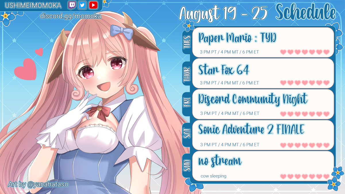 ushimeimomoka's tweet image. This week's schedule! 💫🐮

I never played Star Fox 64 before so this is going to be new to me! Time to do a barrel roll!

More information always found on my discord but looking forward to hanging out this week!