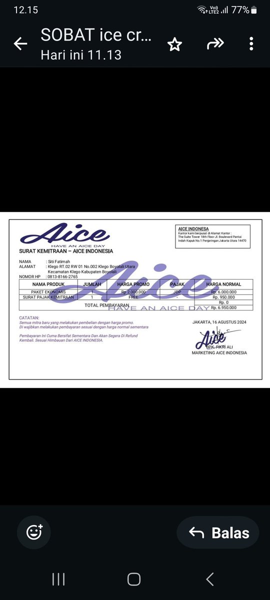 JDeden76's tweet photo. @aiceindonesia Aku tgl 16 -08-2024 tertipu 2 jt untuk Membeli paket Ekonomis Aice https://t.co/P5gLQSxLtJ