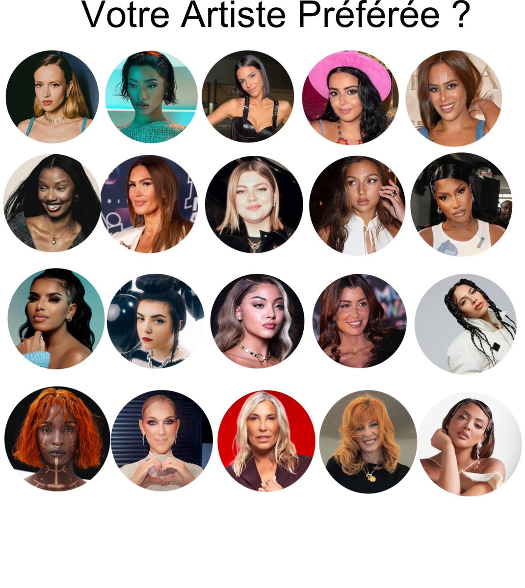 FrenchSingers's tweet photo. Qui est votre artiste féminine préférée ?
#Angele #Shay #Shym #MarwaLoud #AmelBent #Ronisia #Vitaa #Louane #Evaqueen #AyaNakamura #Imenes #Hoshi #Wejdene #Jenifer #Zaho #Lousandtheyakuza #Celinedion #MyleneFarmer #Nej #France https://t.co/meuCP16gI3