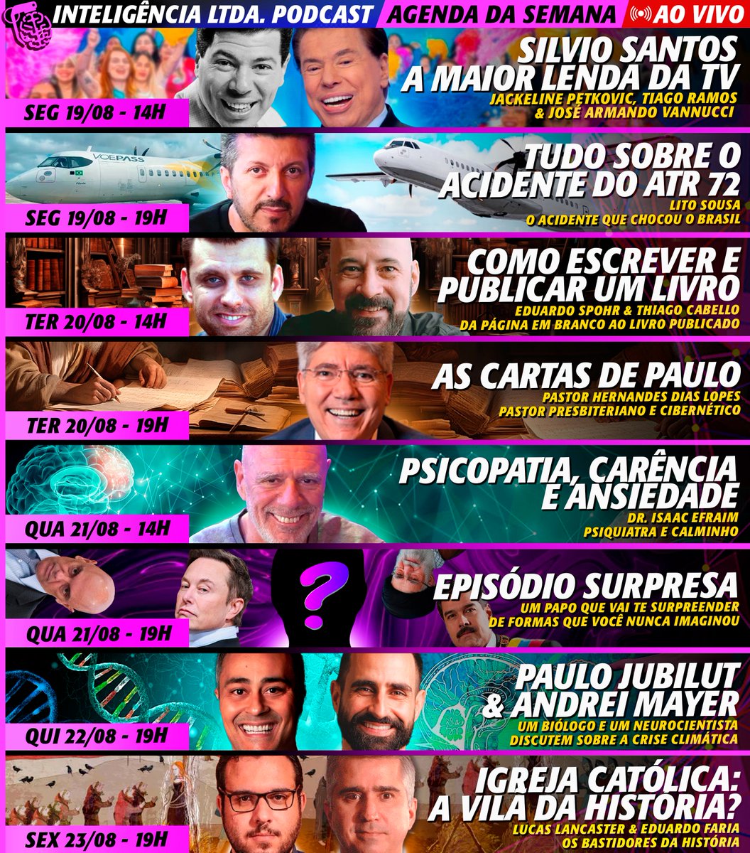 InteligenciaLta's tweet photo. AGENDA DA SEMANA️ 💥 TÁ UMA DOIDEIRA!

- SEGUNDA 14h - Jackeline Petkovic, @JAVannucci & Tiago Ramos
- SEGUNDA 19h - @avioesemusicas
- TERÇA 14h - @eduardospohr & @thiagocabello
- TERÇA 19h - @hernandesdlopes
- QUARTA 14h - @ansiedade
- QUARTA 19h - @**********
- QUINTA 19H - @Prof_Jubilut & @profandreineuro
- SEXTA 19h - Lucas Lancaster & Eduardo Faria