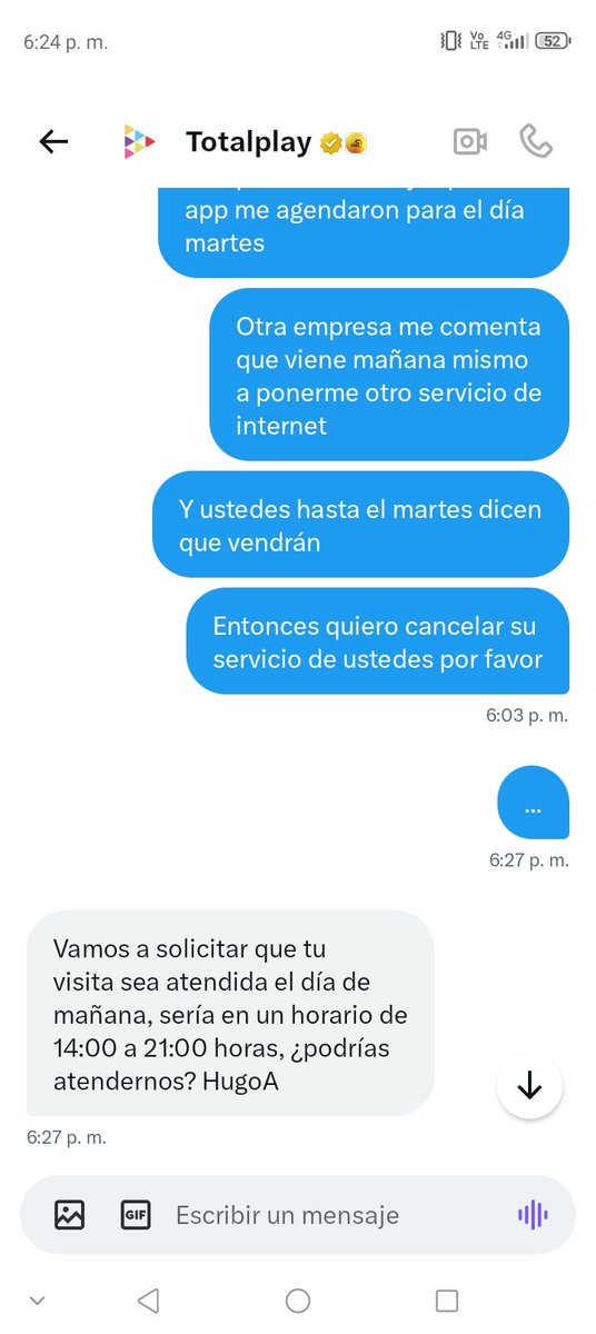 JMexicanT's tweet photo. @totalplaymx dime cómo cancelar su pésimo servicio @Profeco, les comenté el día de ayer la situación y ahora dicen que si el 20 de agosto vendrán a revisar y entonces lo de hoy fue error? Que pésimo servicio,  estoy desde las 2pm esperando @TELMEXSoluciona por favor llámame https://t.co/Cb8xeBxdTr