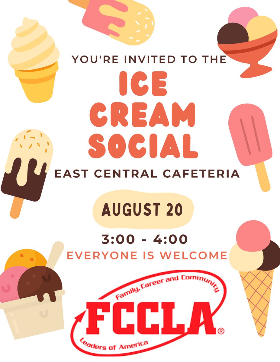 We would like to invite ALL ECHS Students to the ECHS FCCLA Ice Cream Social on Tuesday, August 20th from 3-4 p.m. in the ECHS Cafeteria!   If you like to travel, help the community and build your leadership skills this is the organization for you! <a href="/EastCentralHS/">East Central HS</a>  <a href="/S_DCSC/">Sunman-Dearborn Community Schools</a>