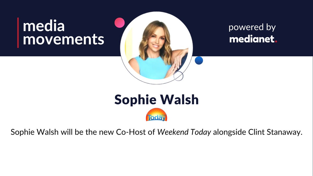 medianettweets's tweet image. #MediaMovement: Sophie Walsh (@sophie_walsh9) will be the new Co-Host of @Channel9's Weekend @TheTodayShow alongside Clint Stanaway (@cstanaway). #australianmedia #media #journalists