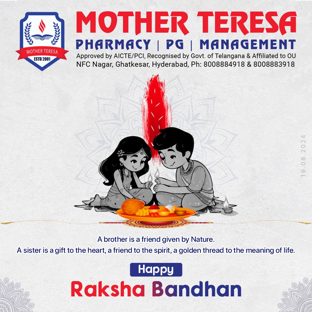 GroupofColleges's tweet photo. On this Raksha Bandhan, let's embrace the unique bond that adds meaning and joy to our lives. 🌸🪢 May your sibling relationship be a source of endless happiness and support.💕👫

#MotherTeresa #RakshaBandhan #RakshaBandhan2024 #Rakhi #రక్షాబంధన్ #SiblingLove #रक्षाबन्धन #Family https://t.co/cU01lnJEuI