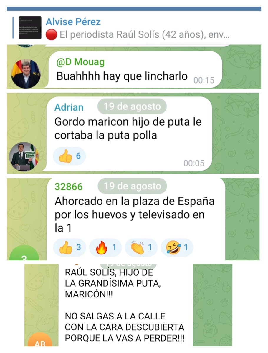 Seguidores de Alvise Pérez lanzan mensajes homófobos y llaman a linchar, ahorcar y castrar al periodista Raúl Solís después de que el ultraderechista haya publicado un montaje para simular que es un pedófilo.

¿Piensa actuar de una vez, <a href="/fiscal_es/">Fiscalía General</a>?