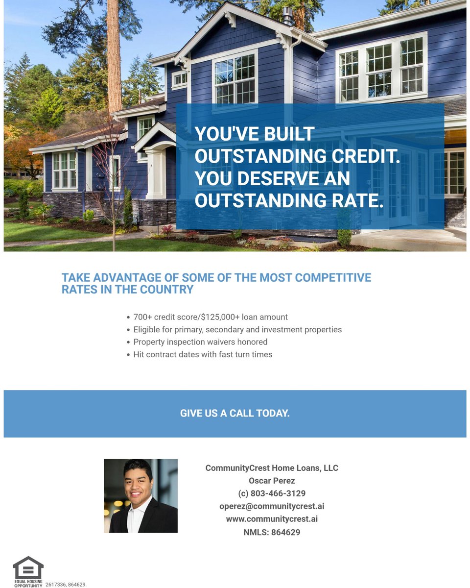 Community_Crest's tweet image. Oscar Perez 
Direct# 803-466-3129 
Email: operez@communitycrest.ai 
Website: CommunityCrest.ai 
📍South Carolina 
NMLS# 864629

#HomeLoan
#Refinance
#Purchase 
#HouseHunting
#relocation
#FirstTimeHomeBuyer
#HouseHunting
#DreamHome
#HomeOwnership
#foreverhome
#SouthCarolina