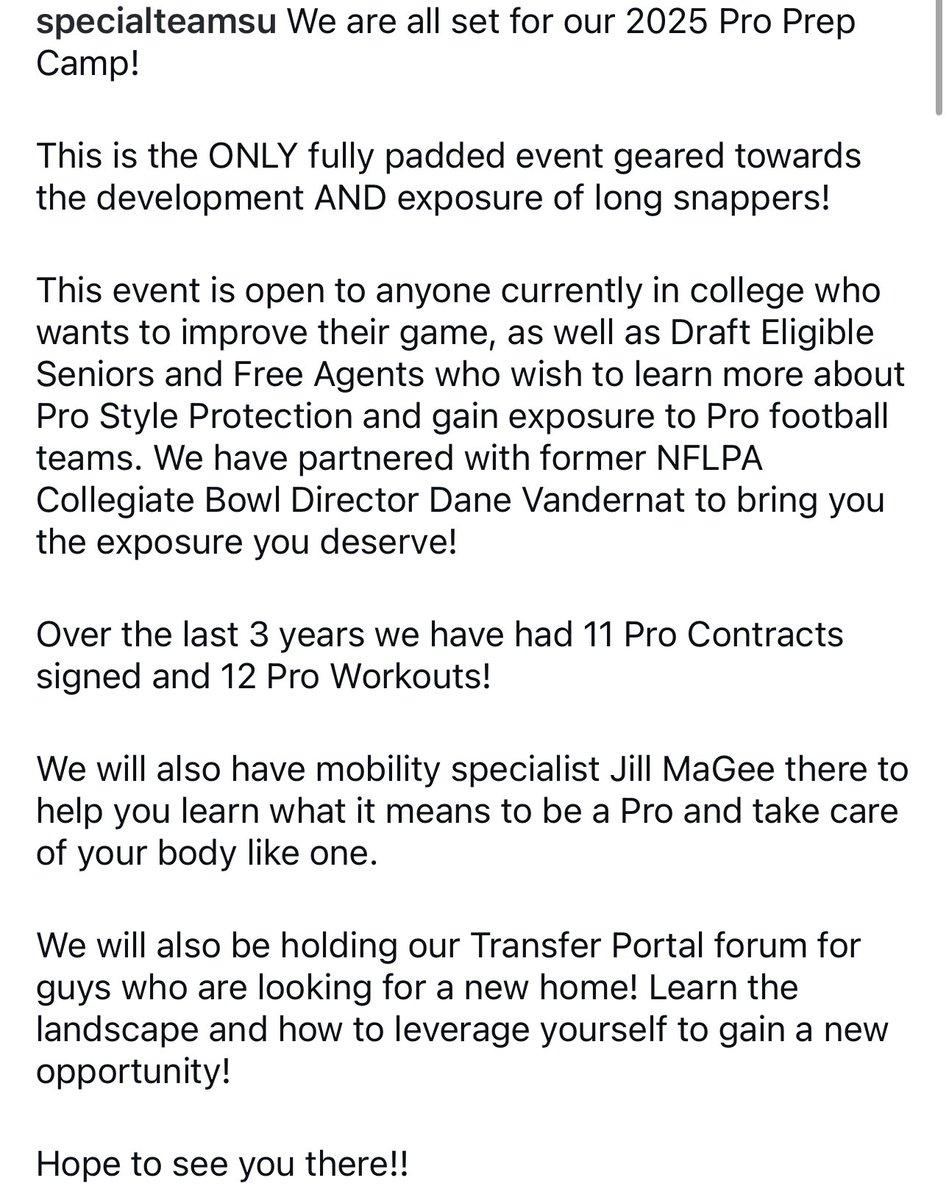 We are all set for our 2025 Pro Prep Camp! 

The ONLY fully padded event geared towards the development AND exposure of long snappers!! 

specialteamsu.com/product/propre…

#longsnap #longsnapper #longsnapping #WelcometotheU #ELITE #RESULTS