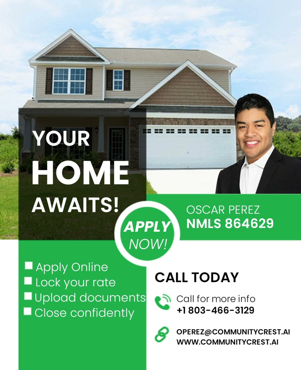 Community_Crest's tweet image. Oscar Perez 
Direct# 803-466-3129 
Email: operez@communitycrest.ai 
Website: CommunityCrest.ai 
📍South Carolina 
NMLS# 864629

#HomeLoan
#Refinance
#Purchase 
#HouseHunting
#relocation
#FirstTimeHomeBuyer
#HouseHunting
#DreamHome
#HomeOwnership
#foreverhome
#SouthCarolina