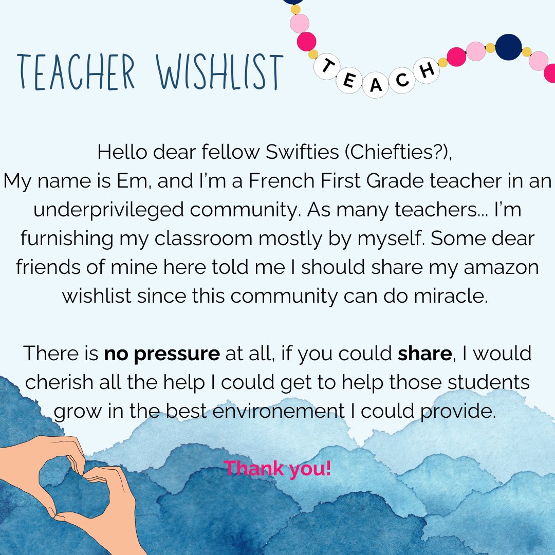 Em_TaylorV's tweet photo. Dear Swifties, 

Don’t feel obligated to help, but even just boosting this publication could help so much. Thank you so much! 🥹 I’m excessively grateful! 

Teacher WishList : 

https://t.co/PTDRV2yUCX

#Swifties #teacher #clearthelist https://t.co/giF0lB7zLu