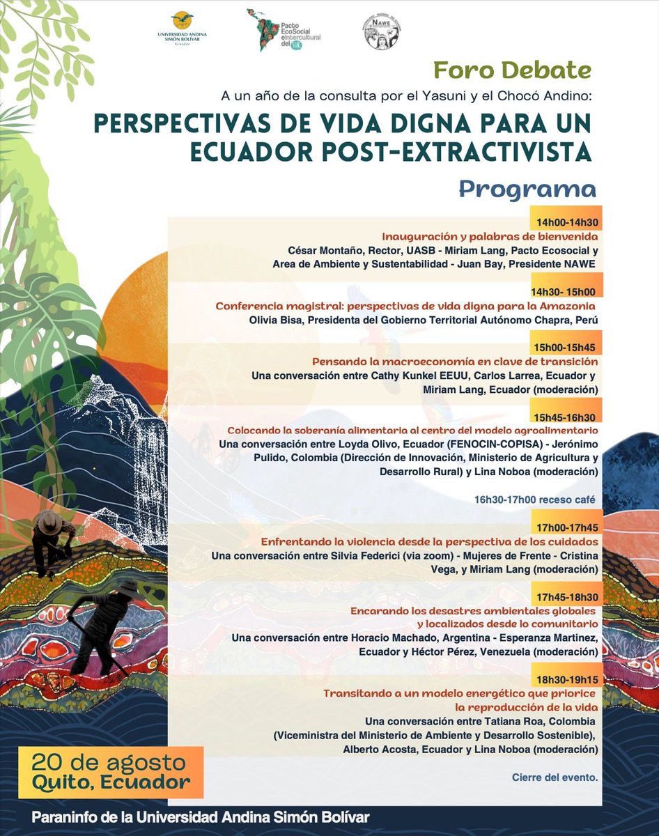 Alberto Acosta (@albertoacostae) on Twitter photo CON MOTIVO DEL PRIMER ANIVERSARIO
DE LAS HISTÓRICAS CONSULTAS POPULARES
DEL #YASUNI Y CHOCÓ-ANDINO #QuitoSinMineria
Nacionalidad Waorani del Ecuador – NAWE
Universidad Andina Simón Bolívar – <a href="/uasbecuador/">Universidad Andina</a>
Pacto Ecosocial e Intercultural del Sur - <a href="/PactoSur/">Pacto Ecosocial e Intercultural del Sur</a>
INVITAN
Al Foro CON MOTIVO DEL PRIMER ANIVERSARIO
DE LAS HISTÓRICAS CONSULTAS POPULARES
DEL #YASUNI Y CHOCÓ-ANDINO #QuitoSinMineria
Nacionalidad Waorani del Ecuador – NAWE
Universidad Andina Simón Bolívar – <a href="/uasbecuador/">Universidad Andina</a>
Pacto Ecosocial e Intercultural del Sur - <a href="/PactoSur/">Pacto Ecosocial e Intercultural del Sur</a>
INVITAN
Al Foro