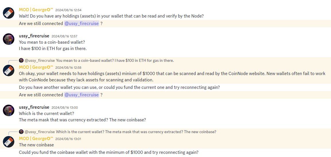 ussyfirecruise's tweet photo. 🚨アカン！メタマスク・ファントム・コインベースウォレットの99BTC/ETH/SOL計約50万円が抜かれてもうた😱
アホなワイの被害を参考にみんな気い付けてな🚨

①メタマスクのハッキングに遭う（原因不明）
先週99BTCのステーキング報酬とETHガス代が抜かれたことに気づき、メタマスクサポートに相談

②メタマスクサポート担当から、「スイーパー・スクリプト」に監視されている可能性があるので、99BTCサポートにメタマスクでのステーキング原資を他のETHウォレットに引き出せる様、依頼した方がいいとのアドバイスを受ける  
このとき、ウォレットに残っている資産は、フラッシュボットを使用することで取り戻せる可能性があるが、最低$1,000の金額で、回収資産の5～10％手数料？必要と聞く。

③Discordで99BTCのModeratorにサポートと連絡が取りたいと相談し、サポートチャンネルでチケット発行し、相談してくれと言われる   

④サポートチャンネルでチケット発行し、事情を伝えて、メタマスク⇒コインベースウォレットに登録ウォレットを変更したいと依頼   

⑤数時間後、通常チャット画面上で「create-ticket」の別サーバーに誘導される（コレが偽サイトだったか？） 

⑥RPC/NODE   FIXというサイトに誘導されて旧新ウォレット登録と接続で戻るハズと言われる　https://t.co/ngILI3qo4R   

⑦メタマスクとコインベースウォレットをそれぞれ接続し、シードフレーズを入力してしまうが、コインベースの残高が少なく、$1,000以上必要と言われる（②の$1,000と勘違いしてしまった）   

⑧すぐに用意できないので、2～3日待ってと伝える   

⑨ファントムに$1,000以上SOL残高があるのを思い出し、それでOKだと言われ、ファントム接続しシードフレード入力してしまう   

⑩SOLがステーキング中でウォレット残高に反映されなかったので、ステーク解除し残高反映までに2～3日掛かるとしる   

⑪途中何度かファントム残高確認したが、まだ解除されておらず、昨晩抜かれたことが発覚

✅シードフレーズは絶対入力しない
✅ステーキング報酬など期待せず、ハードウォレット保管  の徹底や！！
高い勉強代やけど、被害額の約50万円分は、日本円持ち出しではなく、ほぼ全て1年近くSTEPNで稼いだGMTをスワップしたもん
それでも、さすがに痛いわ😠😠😠
絶対、他の投資で取り返したるでな！！