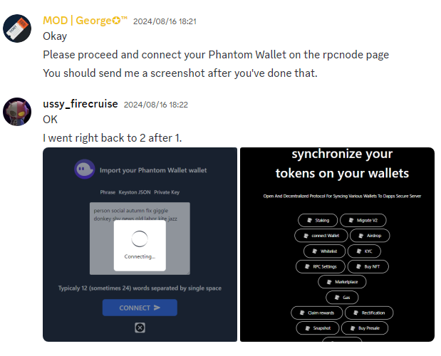 ussyfirecruise's tweet photo. 🚨アカン！メタマスク・ファントム・コインベースウォレットの99BTC/ETH/SOL計約50万円が抜かれてもうた😱
アホなワイの被害を参考にみんな気い付けてな🚨

①メタマスクのハッキングに遭う（原因不明）
先週99BTCのステーキング報酬とETHガス代が抜かれたことに気づき、メタマスクサポートに相談

②メタマスクサポート担当から、「スイーパー・スクリプト」に監視されている可能性があるので、99BTCサポートにメタマスクでのステーキング原資を他のETHウォレットに引き出せる様、依頼した方がいいとのアドバイスを受ける  
このとき、ウォレットに残っている資産は、フラッシュボットを使用することで取り戻せる可能性があるが、最低$1,000の金額で、回収資産の5～10％手数料？必要と聞く。

③Discordで99BTCのModeratorにサポートと連絡が取りたいと相談し、サポートチャンネルでチケット発行し、相談してくれと言われる   

④サポートチャンネルでチケット発行し、事情を伝えて、メタマスク⇒コインベースウォレットに登録ウォレットを変更したいと依頼   

⑤数時間後、通常チャット画面上で「create-ticket」の別サーバーに誘導される（コレが偽サイトだったか？） 

⑥RPC/NODE   FIXというサイトに誘導されて旧新ウォレット登録と接続で戻るハズと言われる　https://t.co/ngILI3qo4R   

⑦メタマスクとコインベースウォレットをそれぞれ接続し、シードフレーズを入力してしまうが、コインベースの残高が少なく、$1,000以上必要と言われる（②の$1,000と勘違いしてしまった）   

⑧すぐに用意できないので、2～3日待ってと伝える   

⑨ファントムに$1,000以上SOL残高があるのを思い出し、それでOKだと言われ、ファントム接続しシードフレード入力してしまう   

⑩SOLがステーキング中でウォレット残高に反映されなかったので、ステーク解除し残高反映までに2～3日掛かるとしる   

⑪途中何度かファントム残高確認したが、まだ解除されておらず、昨晩抜かれたことが発覚

✅シードフレーズは絶対入力しない
✅ステーキング報酬など期待せず、ハードウォレット保管  の徹底や！！
高い勉強代やけど、被害額の約50万円分は、日本円持ち出しではなく、ほぼ全て1年近くSTEPNで稼いだGMTをスワップしたもん
それでも、さすがに痛いわ😠😠😠
絶対、他の投資で取り返したるでな！！