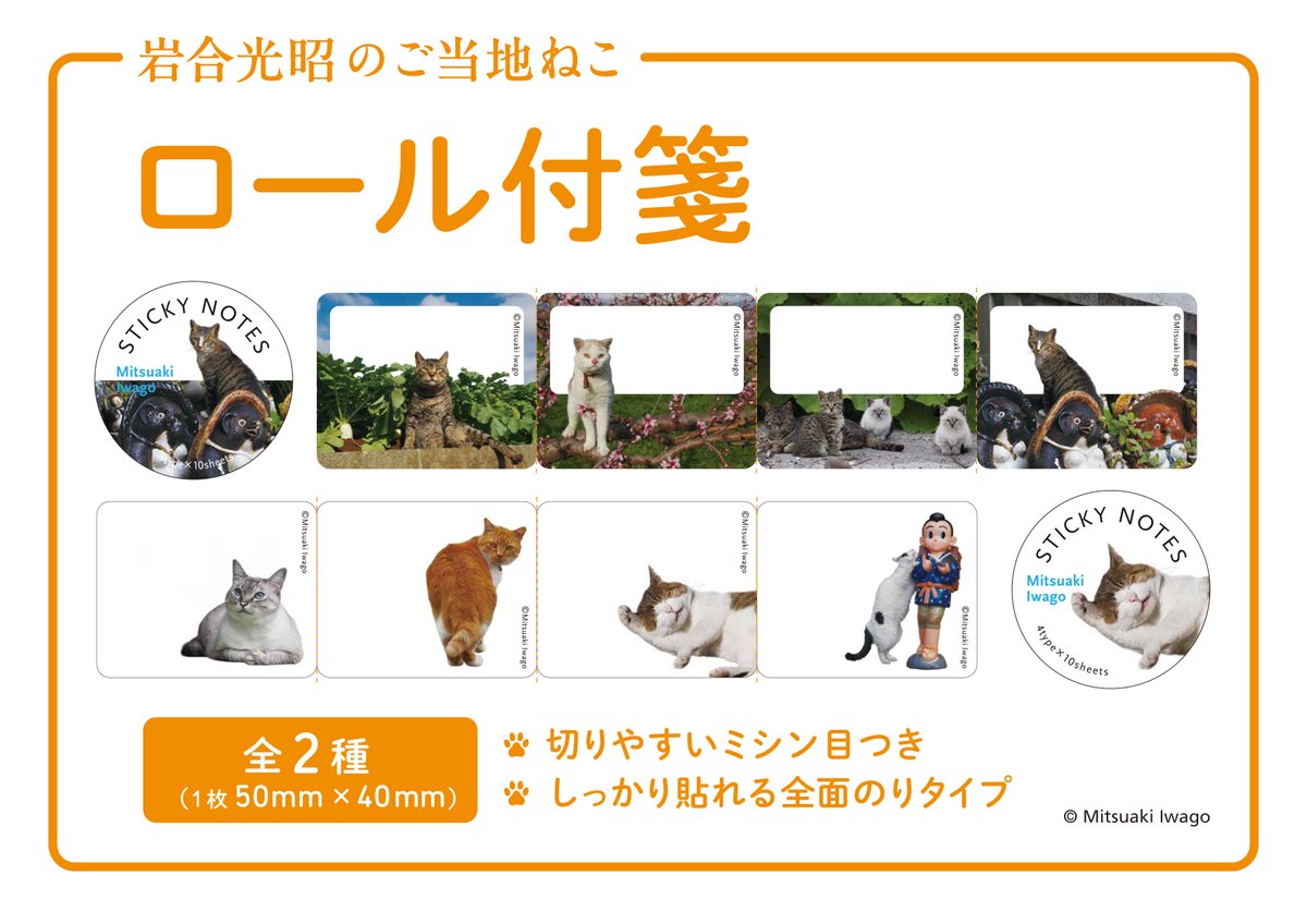 nihonnekoaruki's tweet photo. 福屋 八丁堀本店で絶賛開催中の岩合光昭写真展「ご当地ねこ」、暑い中ご来場いただきありがとうございます！
本日は会場で販売中の新グッズをご紹介いたします。
〇ロール付箋〇
全２種　715円（税込み）
〇一筆箋〇
1種　（4絵柄　各6枚綴り）825円（税込）
https://t.co/lGyrCaDjyN https://t.co/lz0HEYGkUf