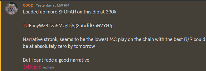$FOFAR
300k-14m (40x+)

Doesn't matter the chain, clockwork cooks...

We doubled down on the conviction on this one🧑‍🍳