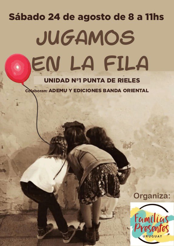 familiasuy's tweet photo. JUGAMOS EN LA FILA se va de gira! Sábado 24 de agosto de 8 a 11 en Punta de Rieles Unidad 1.
Colaboran @ademumdeo y ediciones banda oriental
#nnapes
#carcel
#derechoshumanos
#tratodigno
#familiaspresentes
#jugamosenlafila
#uruguay
#rimuf https://t.co/ZNlLaOArFM