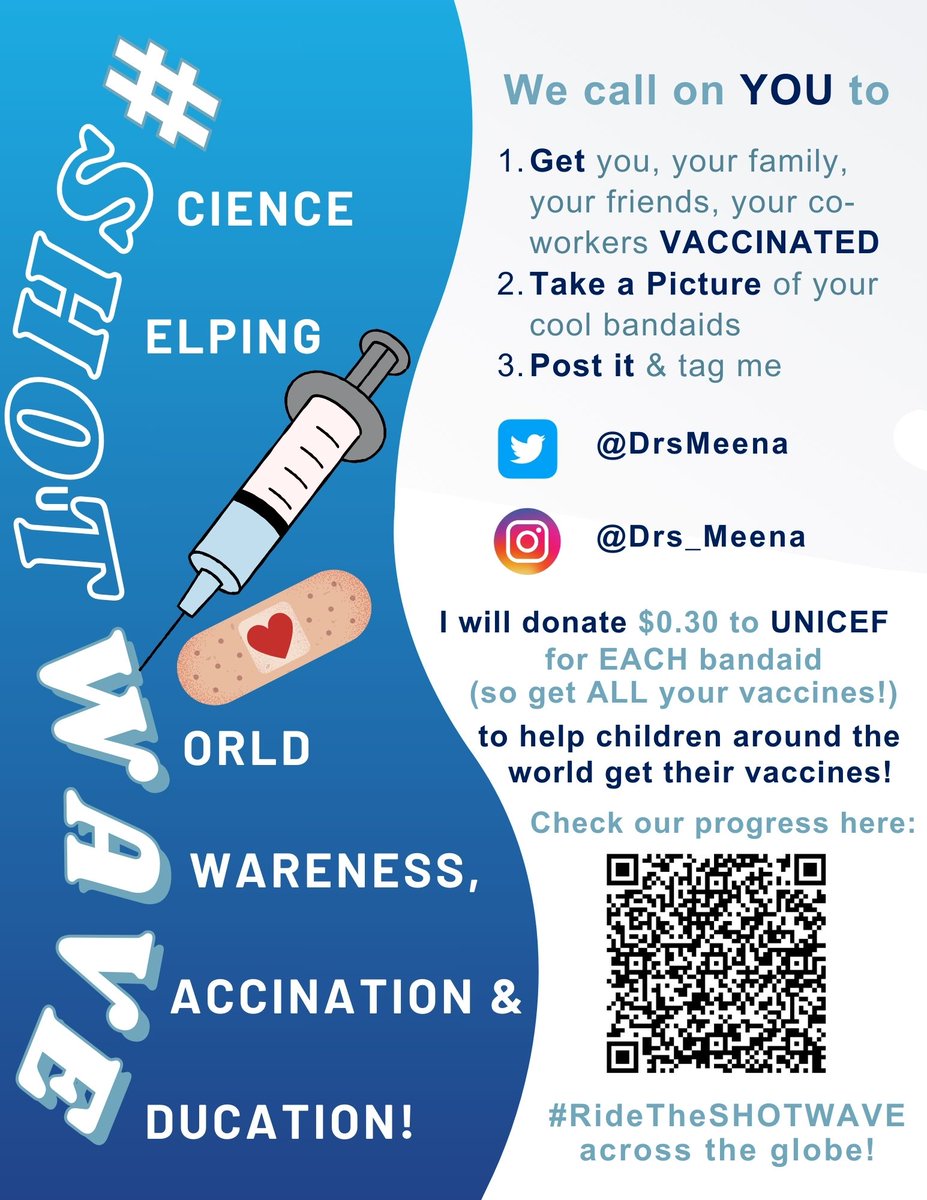 DrsMeena's tweet photo. I know it's a busy/exciting week but I have a *small* announcement:
It's #SHOTWAVE 2024!
It's simple: you, family, kids, friends #GetVaccinated.
Post a pic of your bandaids on your SoMe & tag me; & I donate @UNICEF to spread lifesaving vaccines worldwide!
#RideTheSHOTWAVE https://t.co/opM7RYfi1T