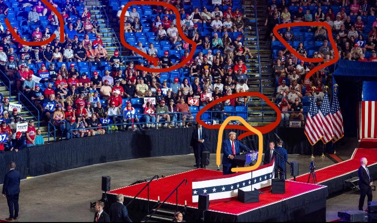 Trump says it’s a lie that there were empty seats. “Photos were taken 3 hours earlier,” he says. 

Trump claims he wasn’t even on stage when the photos were taken. 

What’s the orange blob in the middle, then?