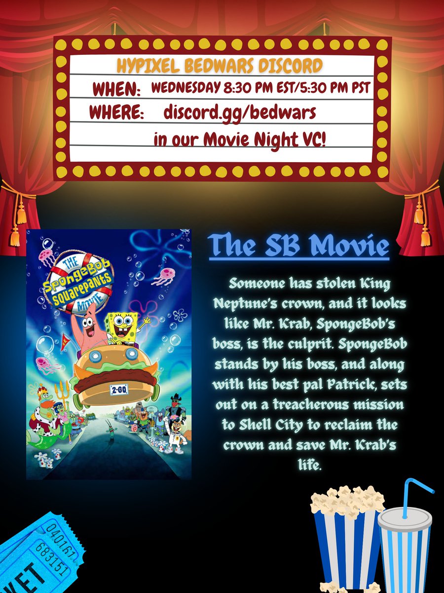 BedwarsDiscord's tweet photo. 🎬 Movie Night Wednesday 📷     

Every Wednesday, our Discord will host a Movie Night! For our fifth edition, we will be watching "The Spongebob Squarepants Movie" at 8:30pm EST Wednesday, August 21st, in our Movie Night voice chat! 

https://t.co/3agAjAAodx https://t.co/yDL3UQfdr6