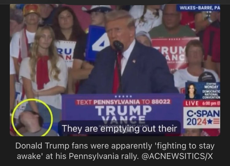 Traitor trumps speech is putting people to sleep in Wilkes Barre. No energy whatsoever. Guess he knows he’s getting blown out.