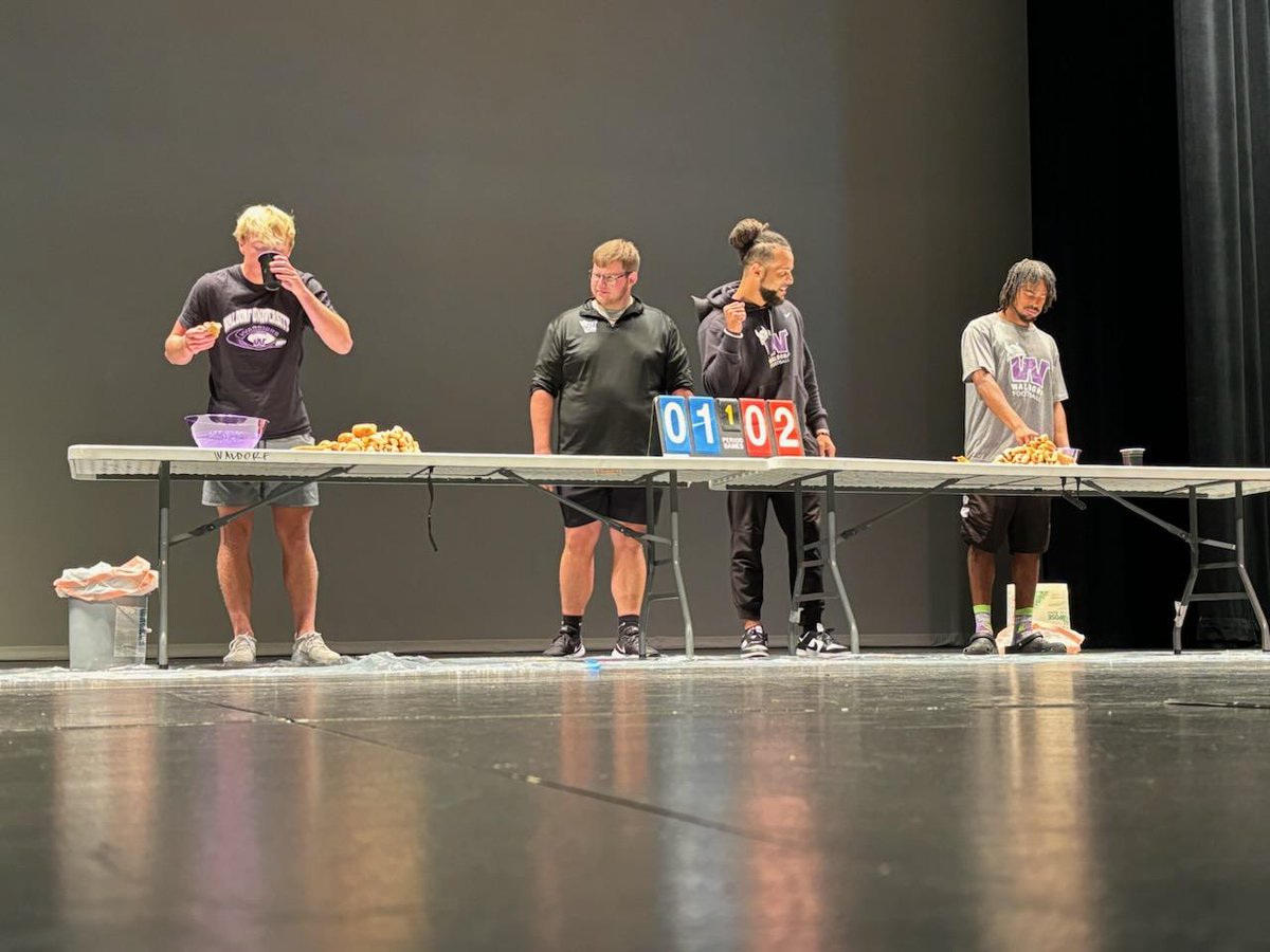 WaldorfGridIron's tweet photo. We had contestants enter on the shoulders of teammates, half of the auditorium screaming 'De-fense', and a contestant working the crowd while virtually inhaling hotdogs. 

Awesome event, thanks to all who attended and supported this fun event for the players. https://t.co/tZ5P9ihcnO