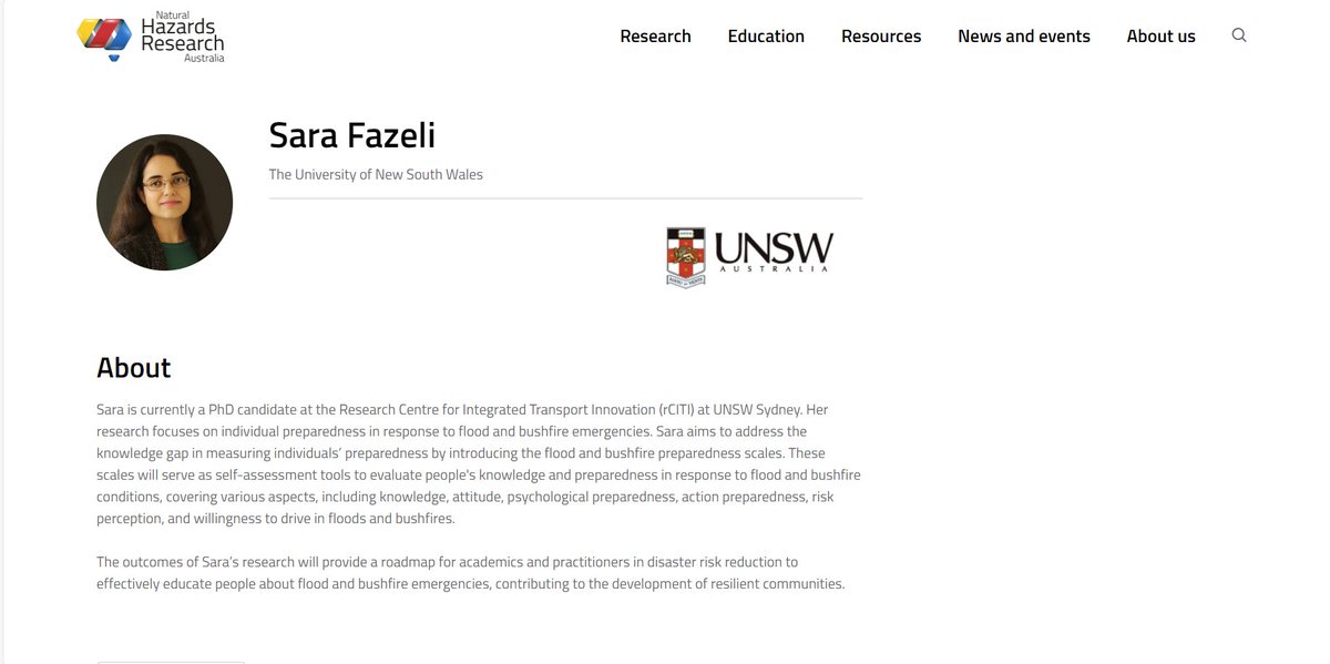 _SaraFazeli's tweet image. 🌟 Thrilled to share that I've recently joined @HazardsResearch, a leader in natural hazards research in Australia! Read about my research here: naturalhazards.com.au/research/resea……
#NaturalHazards #ResilientCommunities #FloodPreparedness #BushfirePreparedness @UNSW @UNSWEngineering