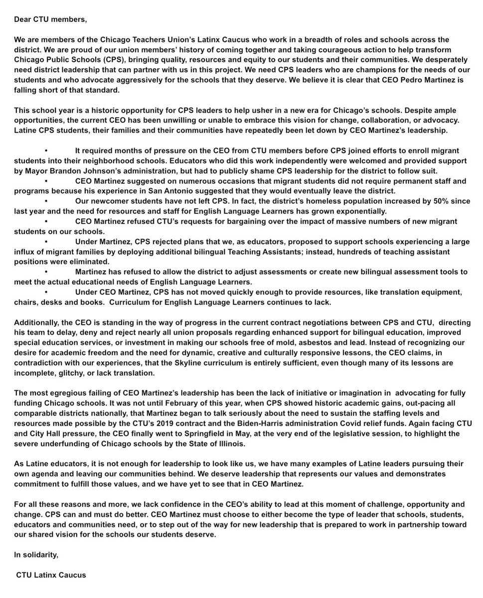 CTU Latinx Caucus statement on CPS CEO Pedro Martínez
<a href="/CTULocal1/">Chicago Teachers Union</a> <a href="/SSKedreporter/">Sarah Karp</a> <a href="/reemadamin/">Reema Amin</a> <a href="/MilaKoumpilova/">Mila Koumpilova</a> <a href="/ballesteros_312/">Carlos Ballesteros</a> <a href="/NaderDIssa/">Nader Issa</a>
