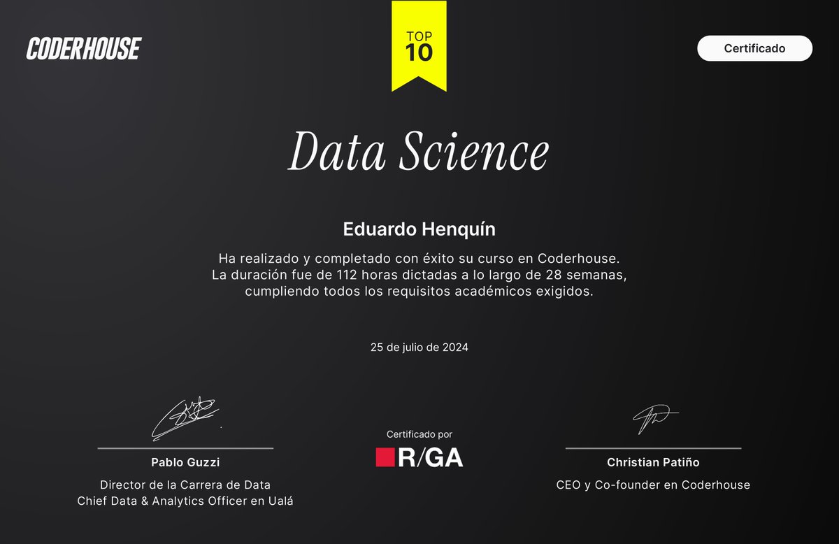 ehenquin's tweet image. 📷 ¡Lo logré! A los 51 años, completé con éxito un curso desafiante y apasionante y obtuve un lugar en el TOP 10. 📷
#CoderHouse @coderhouse