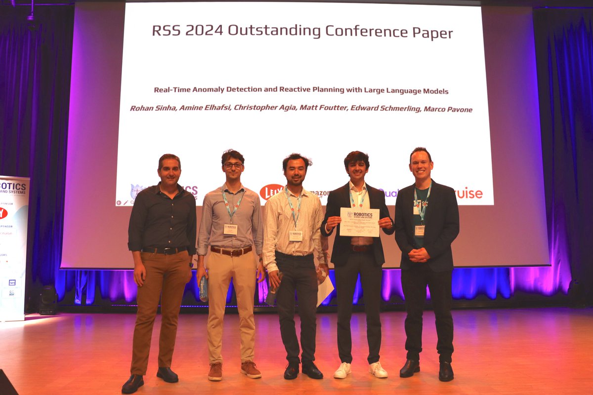 The #RSS2024 Outstanding Paper Award: "Real-Time Anomaly Detection and Reactive Planning with Large Language Models" by R Sinha, A Elhafsi, C Agia, M Foutter, E Schmerling, M Pavone
#robotics #research #awards
You can see a list of all finalists here: roboticsconference.org/program/awards/