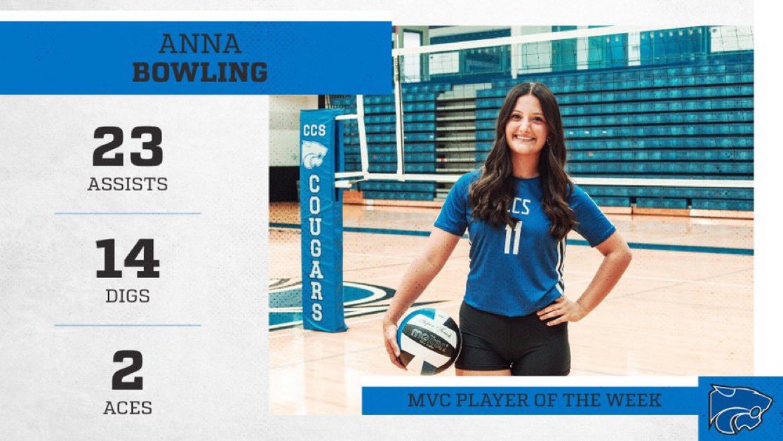 MVC ATHLETE OF THE WEEK 🔥

Please join us in congratulating Anna Bowling!! 

Anna stepped up her game in our last scrimmage against Monroe with 23 assists, 14 digs and 2 aces. 

Congratulations Anna! 
#RestoreTheRoar #LetsGoCougars