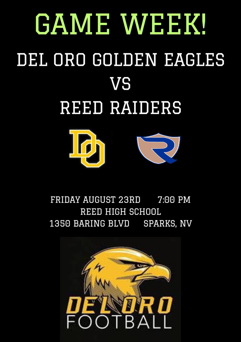 Del Oro Football (@delorofootball) on Twitter photo It's game week for Del Oro Football and a new era begins. New head coach <a href="/JoshParry49/">Josh Parry</a> looking to continue the Del Oro tradition as the Golden Eagles will travel to Sparks, NV and play the Raiders.
DO Football
Align to Execute
One Team, One Community, One Dream It's game week for Del Oro Football and a new era begins. New head coach <a href="/JoshParry49/">Josh Parry</a> looking to continue the Del Oro tradition as the Golden Eagles will travel to Sparks, NV and play the Raiders.
DO Football
Align to Execute
One Team, One Community, One Dream