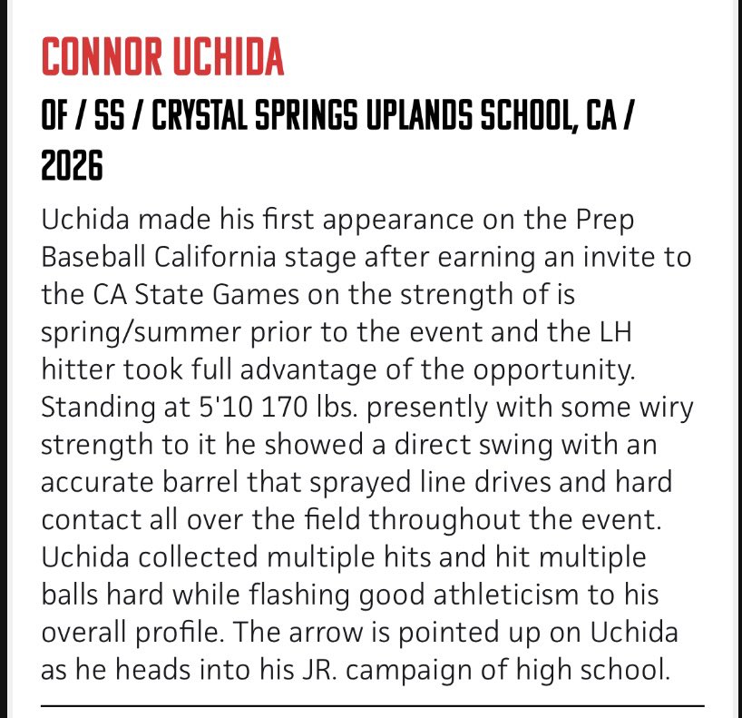 Connor Uchida (@connor_uchida) on Twitter photo Thank you <a href="/PrepBaseballCA/">PREP BASEBALL CALIFORNIA</a> for a great weekend and for naming me to the top performers list for the California State Games!
<a href="/CalClubBaseball/">Calif. Club Baseball</a> <a href="/LesLukach/">𝐋𝐞𝐬 𝐋𝐮𝐤𝐚𝐜𝐡</a> <a href="/hardy03bsbl/">Steven Hardesty</a> <a href="/gogryphons/">Crystal Athletics</a> Thank you <a href="/PrepBaseballCA/">PREP BASEBALL CALIFORNIA</a> for a great weekend and for naming me to the top performers list for the California State Games!
<a href="/CalClubBaseball/">Calif. Club Baseball</a> <a href="/LesLukach/">𝐋𝐞𝐬 𝐋𝐮𝐤𝐚𝐜𝐡</a> <a href="/hardy03bsbl/">Steven Hardesty</a> <a href="/gogryphons/">Crystal Athletics</a>