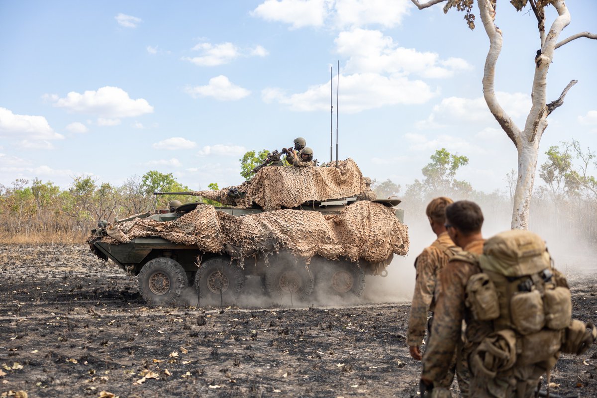 MRFDarwin's tweet photo. Dirty Jobs, Done Dirt Cheap
U.S. #Marines with Alpha Company, 1st Light Armored Reconnaissance Battalion, @1st_Marine_Div, prepare to drive LAV-25 Light Armored Vehicles during Exercise Predator’s Run 24 at Mount Bundey Training Area, NT, Australia.
#LAR #LAV #MRFD #REDEX https://t.co/hXuN5HHeO9