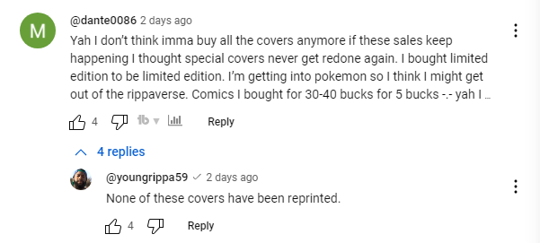 RippaverseComic's tweet photo. A Rippaverse fan posts that they are disappointed by the recent sales, with books they purchased for $30-$40 now discounted to just five bucks.

Eric responds. https://t.co/tqVIxon36v