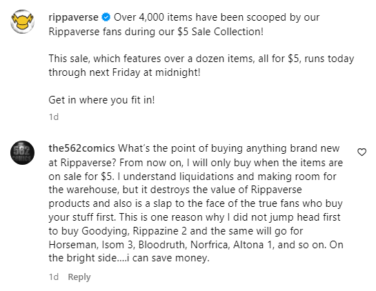 RippaverseComic's tweet photo. A Rippaverse fan pledges to save money by avoiding future full-price campaigns and waiting for the inevitable flash sale. https://t.co/fcRv6FLIPk