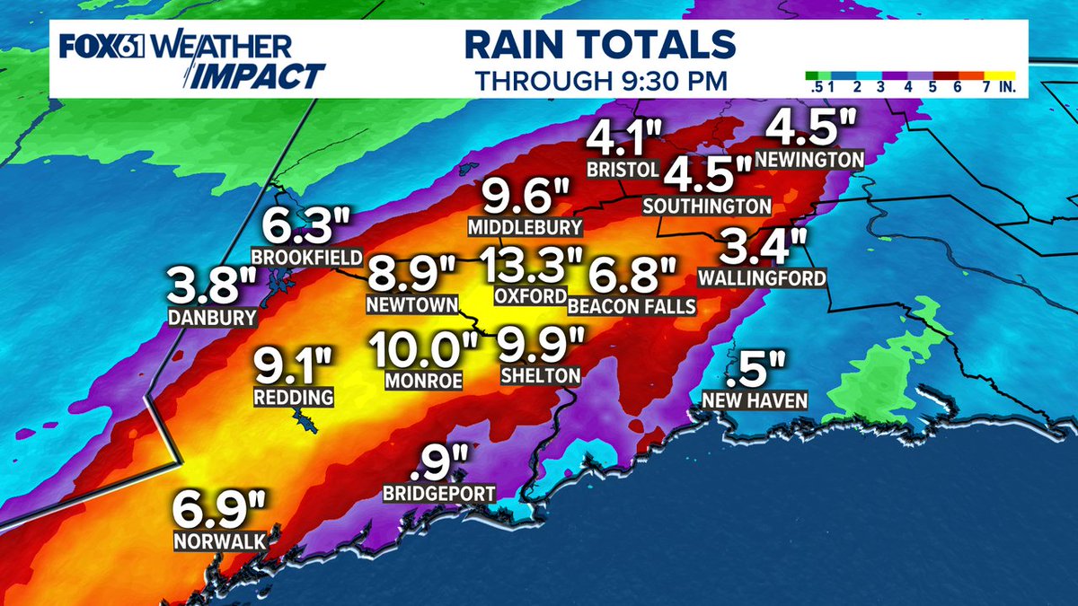 RyanBretonWX's tweet image. Updated rain totals through 9:30 p.m.
There is a CWOP site in Oxford with a staggering 13.32&quot; of rain, and several personal weather stations in the area match that number. #fox61