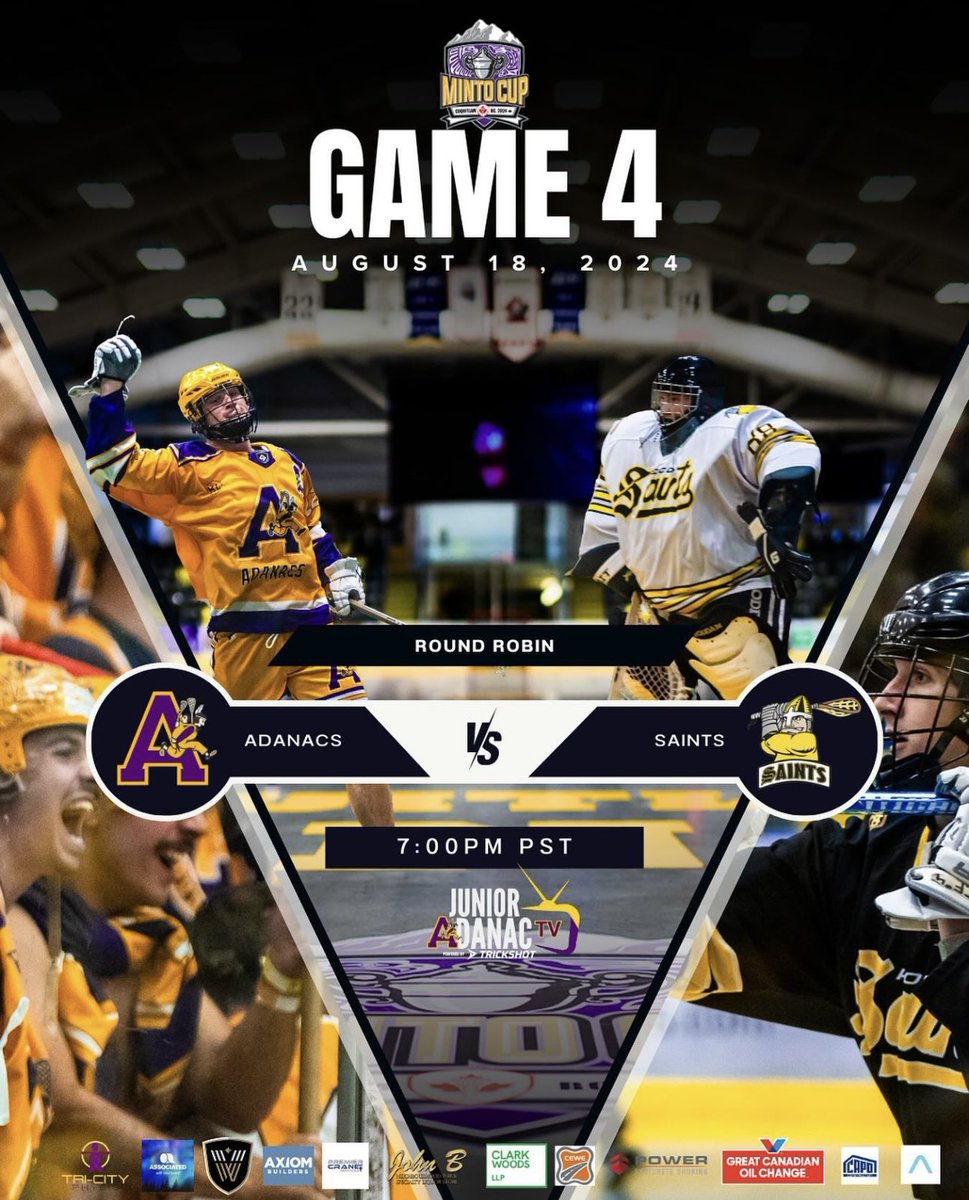 The Minto Cup (@themintocup) on Twitter photo Up next at the #MintoCup: Game 4 of the round robin between <a href="/JuniorAdanacs/">Coquitlam Jr Adanacs</a> and <a href="/SaintsJrA/">Poco Jr Saints</a>! Tune in live at 7pm PST!
ποΈ Sunday Aug 18
π 7pm PST | 10pm ET
ποΈ themintocup.com
πΊ jradanac.tv
π themintocup.com/scores Up next at the #MintoCup: Game 4 of the round robin between <a href="/JuniorAdanacs/">Coquitlam Jr Adanacs</a> and <a href="/SaintsJrA/">Poco Jr Saints</a>! Tune in live at 7pm PST!
ποΈ Sunday Aug 18
π 7pm PST | 10pm ET
ποΈ themintocup.com
πΊ jradanac.tv
π themintocup.com/scores