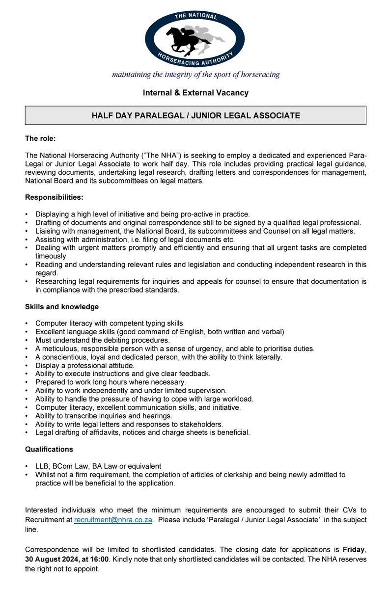➡️ Position available: Paralegal/ Junior Legal Associate (Half Day)

Please see the attachment for further details.

Submissions close at 16H00 on 30 August 2024