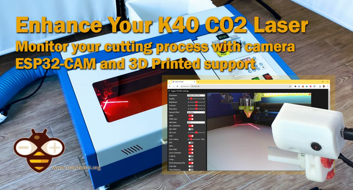 RenzoMischianti's tweet image. Enhance Your K40 CO2 #Laser: #Esp32-CAM with 3D printed case to monitor your device
Renzo Mischianti - mischianti.org/enhance-your-k…
#ESP32CAM #K40CO240wLaser #WiFi