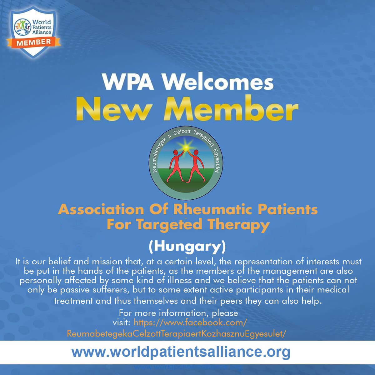 WorldPatients's tweet photo. WPA welcomes its new member Reumabetegek a Célzott Terápiáért Közhasznú Egyesület from Hungary.
For details, please visit: https://t.co/dWNLf62O6X
#patientorganization #patientengagement #patientsafety #patientadvocacy #patientcare #hungary https://t.co/kRHJSrDtBz