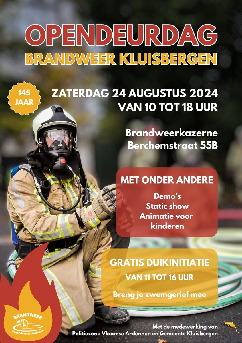 BVLAR's tweet image. Het weekend is nog maar net gedaan, of je kan al plannen smeden voor volgend weekend.
Op zaterdag kun je de hele dag terecht in brandweerpost Kluisbergen voor hun opendeurdag.

Je vindt er:
👉Static show van de voertuigen
👉Diverse demo's
👉Animatie voor kinderen
💦Duikinitiatie