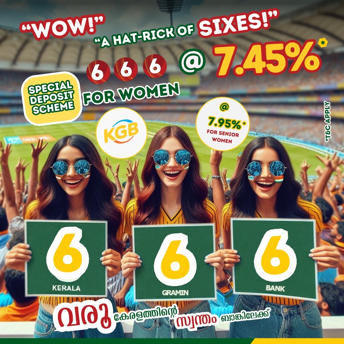 KeralaGBank's tweet image. WOW!
A HAT-RICK OF SIXES!
SPECIAL DEPOSIT SCHEME FOR WOMEN
666 days
ROI @ 7.45%*
ROI @ 7.95%* FOR SENIOR WOMEN

#keralagraminbank #kgb #depositscheme #women #specialoffer #banking #loans