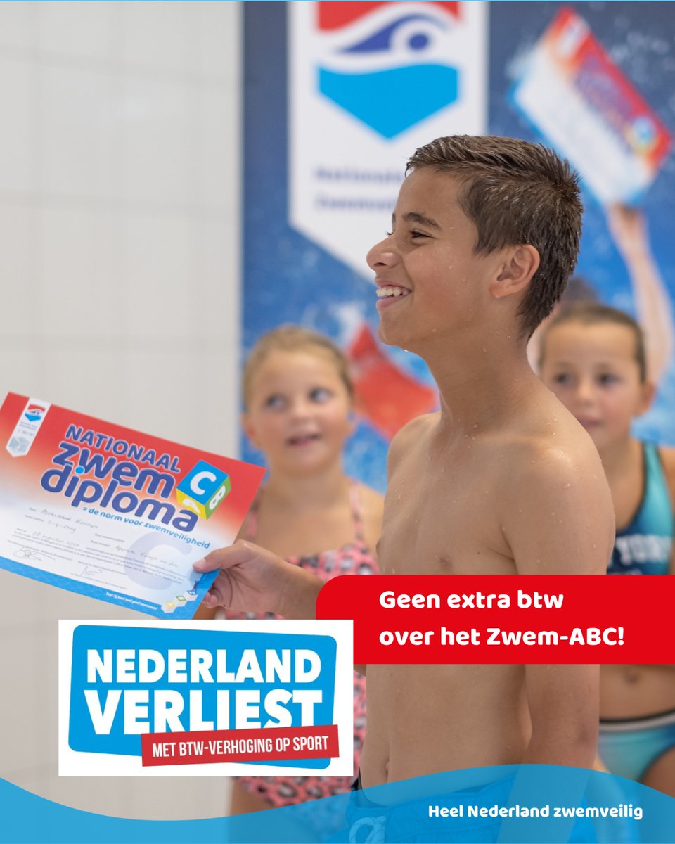 𝗚𝗲𝗲𝗻 𝗲𝘅𝘁𝗿𝗮 𝗯𝘁𝘄 𝗼𝘃𝗲𝗿 𝗵𝗲𝘁 𝗭𝘄𝗲𝗺-𝗔𝗕𝗖! 

De  zwemveiligheid komt in gevaar als de voorgenomen btw-verhoging  doorgevoerd wordt. De reductie in sportdeelname leidt namelijk tot 7.000  minder zwemdiploma’s per jaar. 

Lees meer: bit.ly/4fStmLK