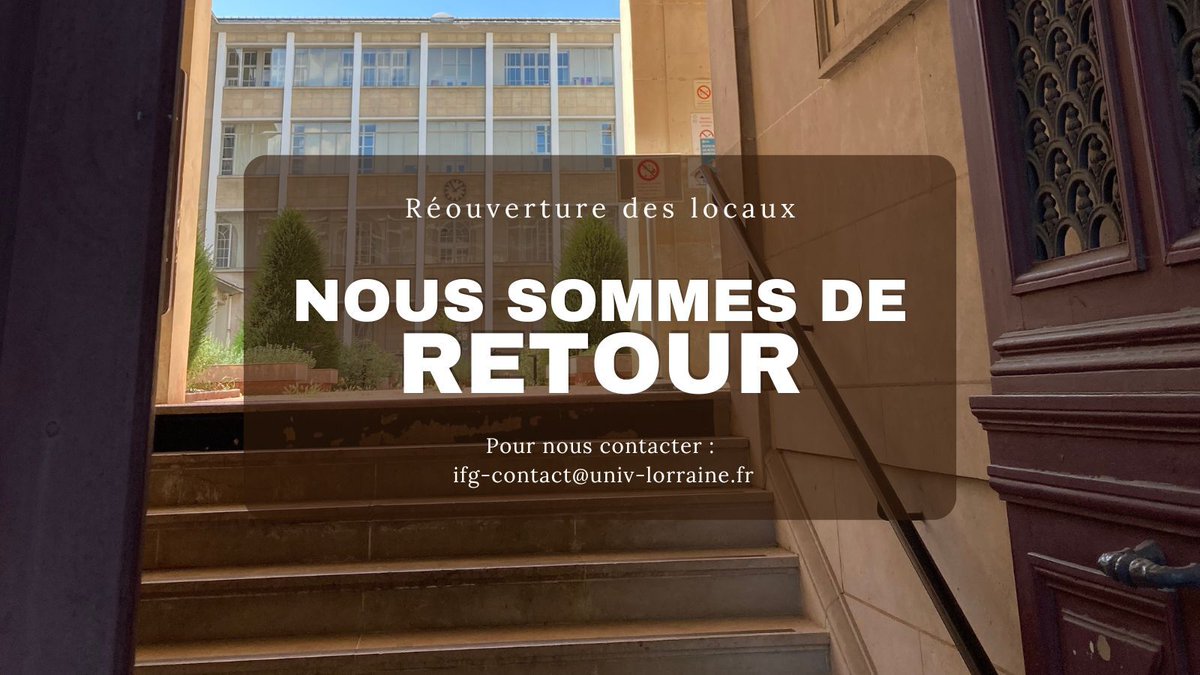 [Réouverture des locaux]

Les locaux de l'Institut François Geny à @Fac_Droit_Nancy sont ouverts.

Pour nous contacter : ifg-contact@univ-lorraine. fr