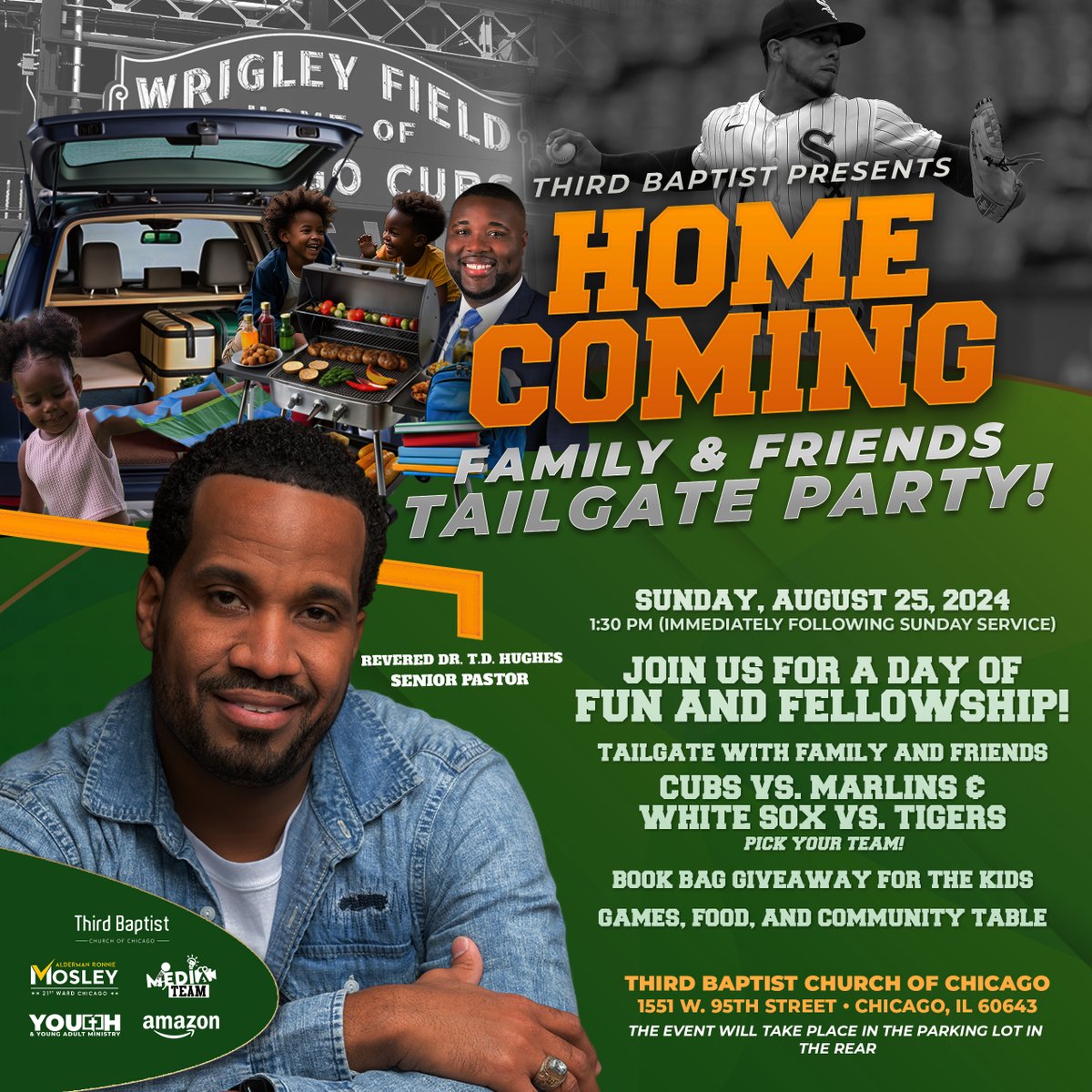 ThirdBaptistChi's tweet photo. Annual Homecoming Tailgate Party! 8/25, after 11 AM service. Family, friends, and fellowship! We’ll have BBQ, games, and activities for all ages. Plus, don’t miss our Book Bag Giveaway for kids heading back to school! #TBCOC #Homecoming #Chicago #BacktoSchool https://t.co/02tWXzHQaZ